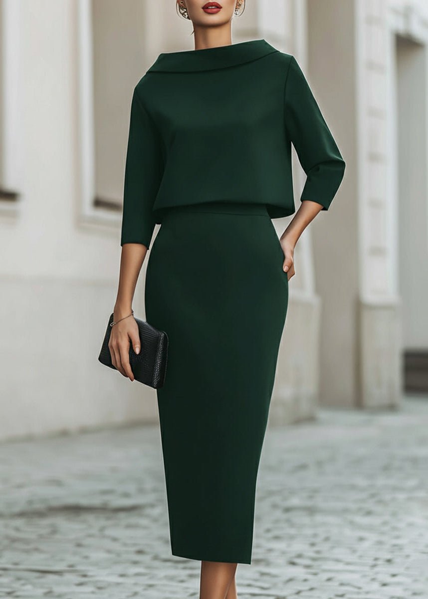 Damen Midi Rock Set Bootshals 3/4 Ärmel Elegant Zweiteiler - Emerald Green