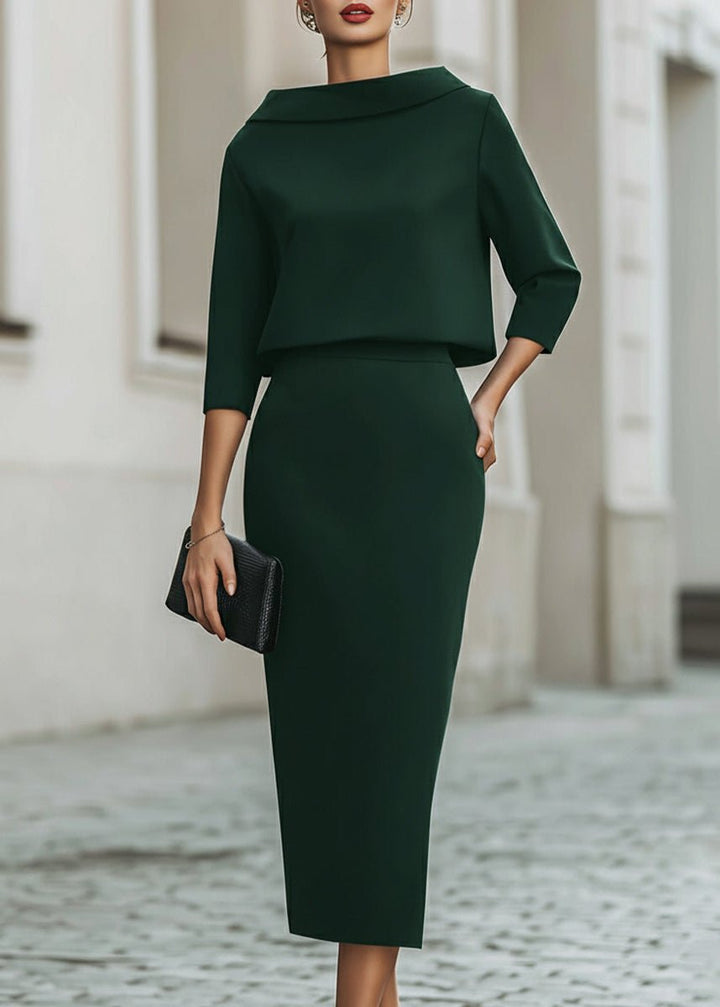 Damen Midi Rock Set Bootshals 3/4 Ärmel Elegant Zweiteiler - Emerald Green