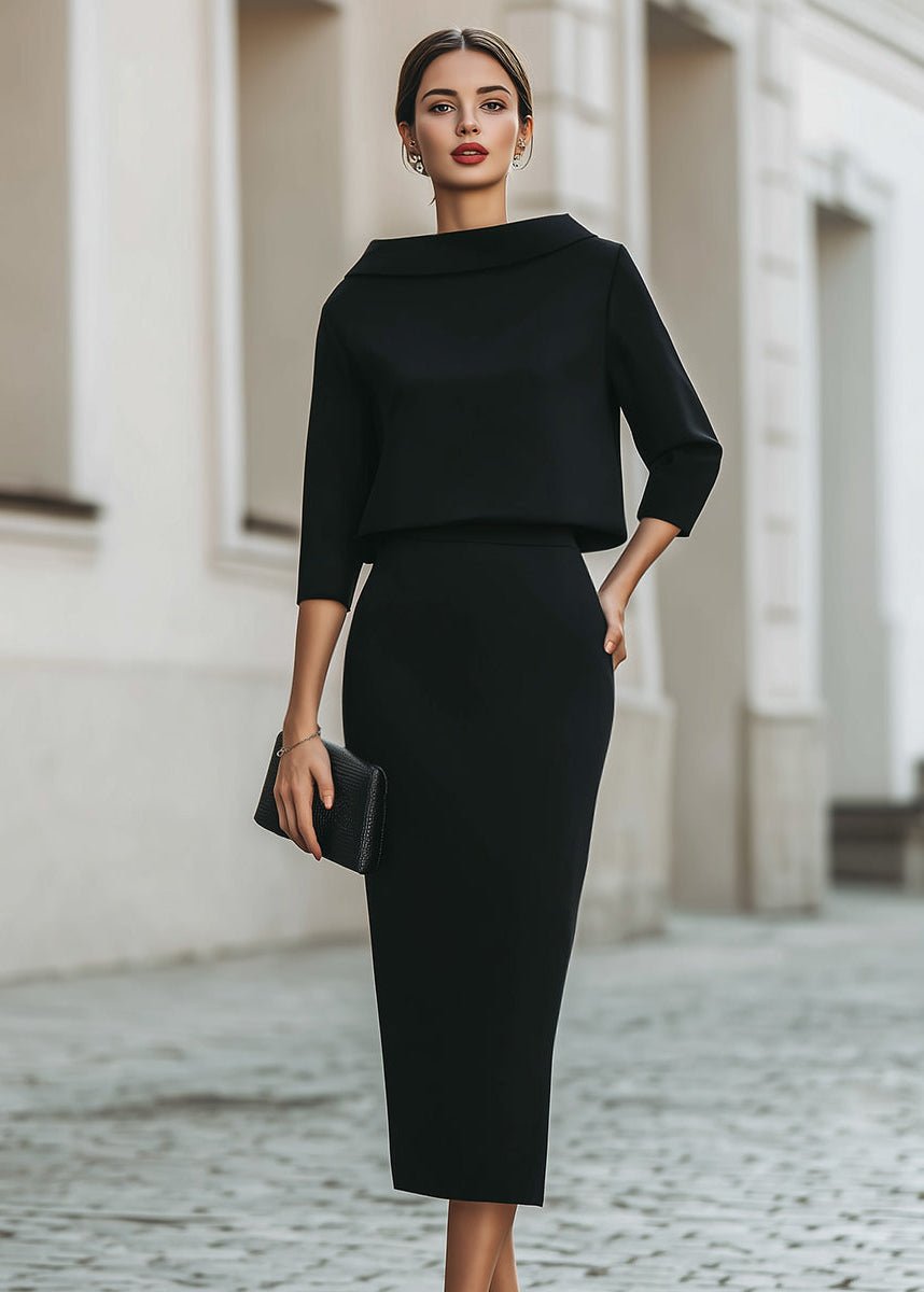 Damen Midi Rock Set Bootshals 3/4 Ärmel Elegant Zweiteiler