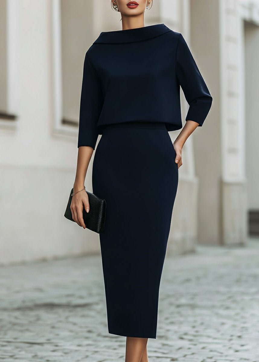 Damen Midi Rock Set Bootshals 3/4 Ärmel Elegant Zweiteiler - Navy Blue