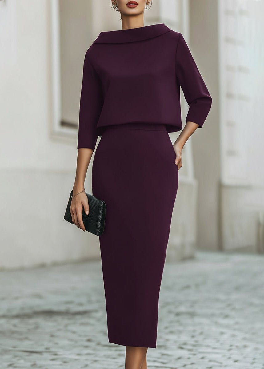 Damen Midi Rock Set Bootshals 3/4 Ärmel Elegant Zweiteiler - Purple
