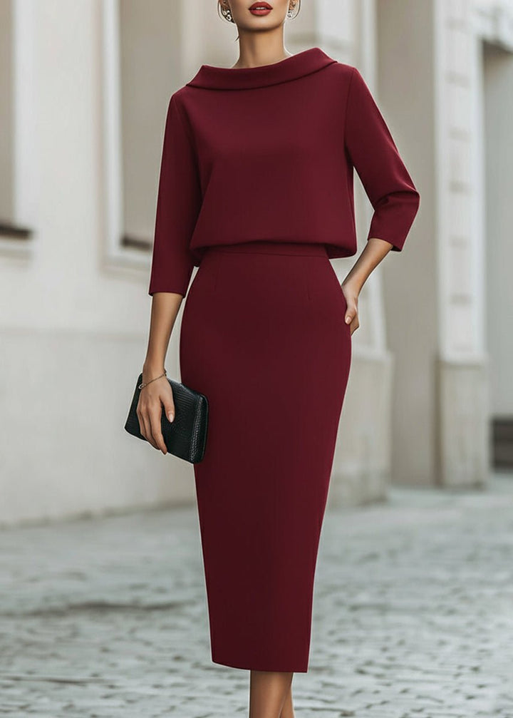 Damen Midi Rock Set Bootshals 3/4 Ärmel Elegant Zweiteiler - Burgundy