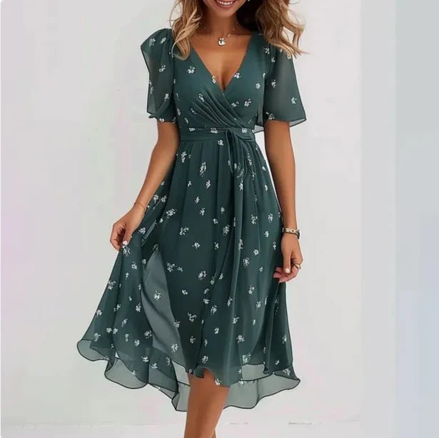 Damen Midi Wickelkleid V-Ausschnitt Blumenmuster - Groen