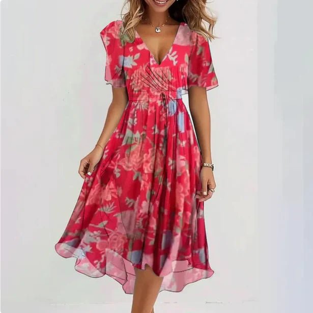 Damen Midi Wickelkleid V-Ausschnitt Blumenmuster - Roze