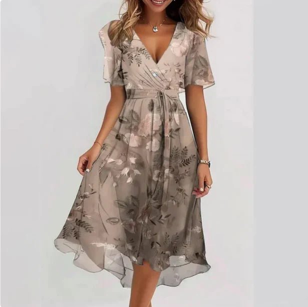 Damen Midi Wickelkleid V-Ausschnitt Blumenmuster - Beige