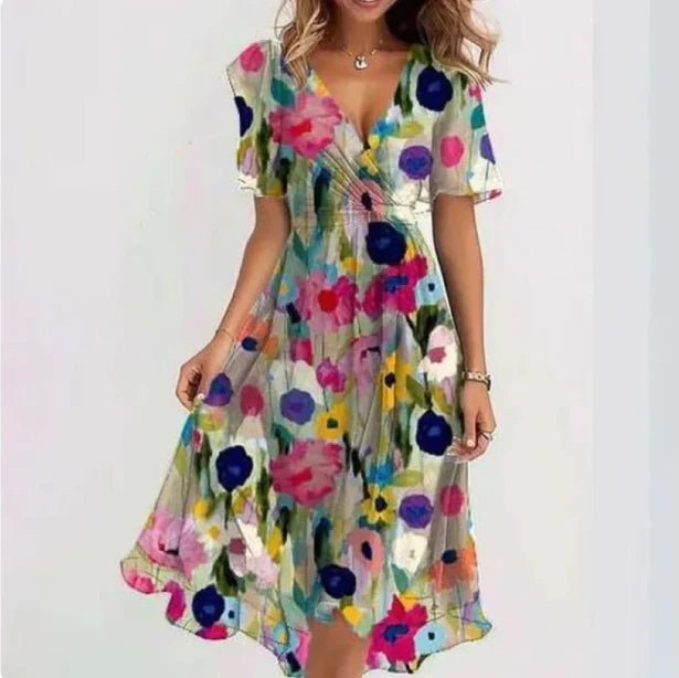 Damen Midi Wickelkleid V-Ausschnitt Blumenmuster - Meerkleurig