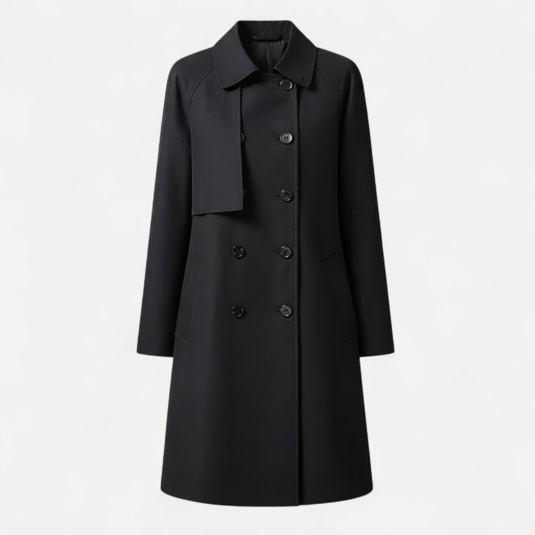 Damen Midi Wollmix Trench Coat Zweireihig Strukturiert - Schwarz