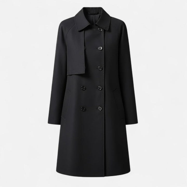 Damen Midi Wollmix Trench Coat Zweireihig Strukturiert - Schwarz