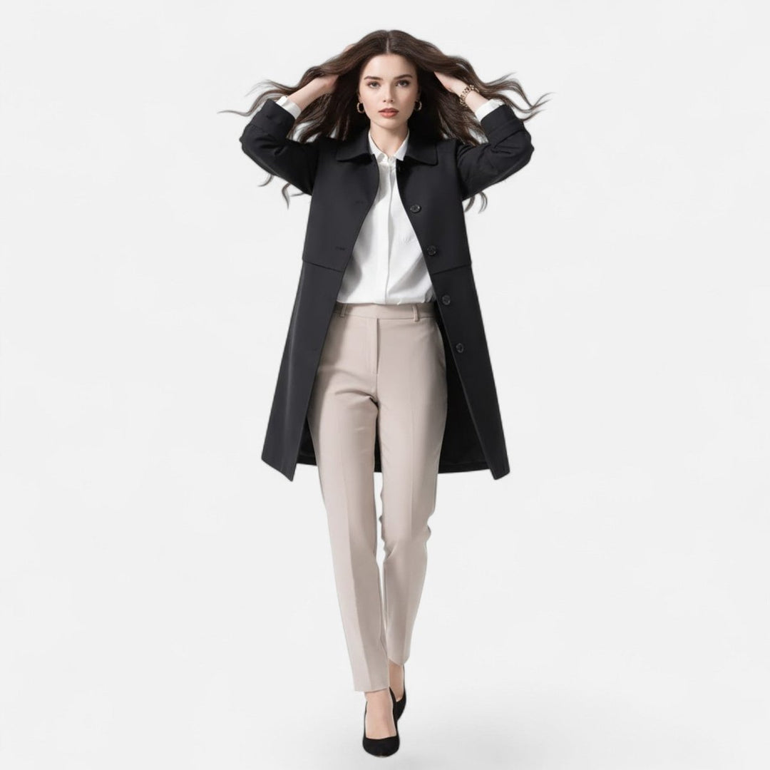 Damen Midi Wollmix Trench Coat Zweireihig Strukturiert