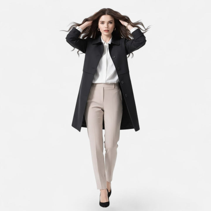 Damen Midi Wollmix Trench Coat Zweireihig Strukturiert