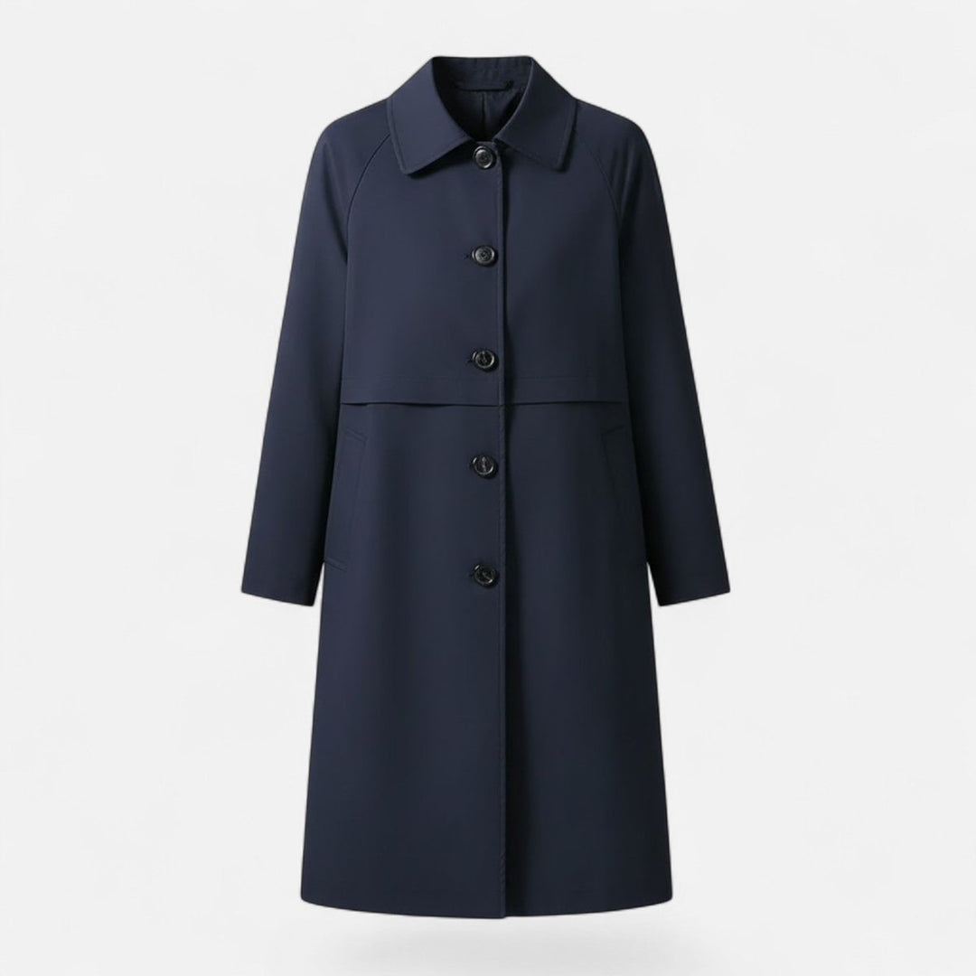 Damen Midi Wollmix Trench Coat Zweireihig Strukturiert - Marineblau