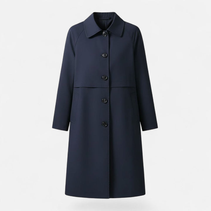 Damen Midi Wollmix Trench Coat Zweireihig Strukturiert - Marineblau