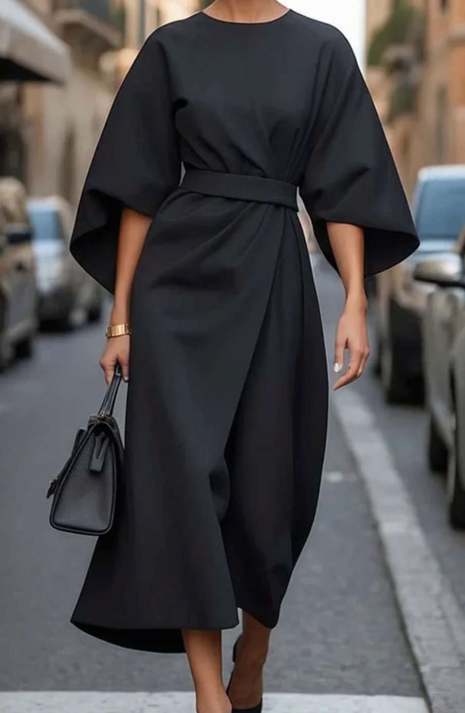 Damen Midikleid mit Taillengürtel Kimono-Ärmel Rundhals