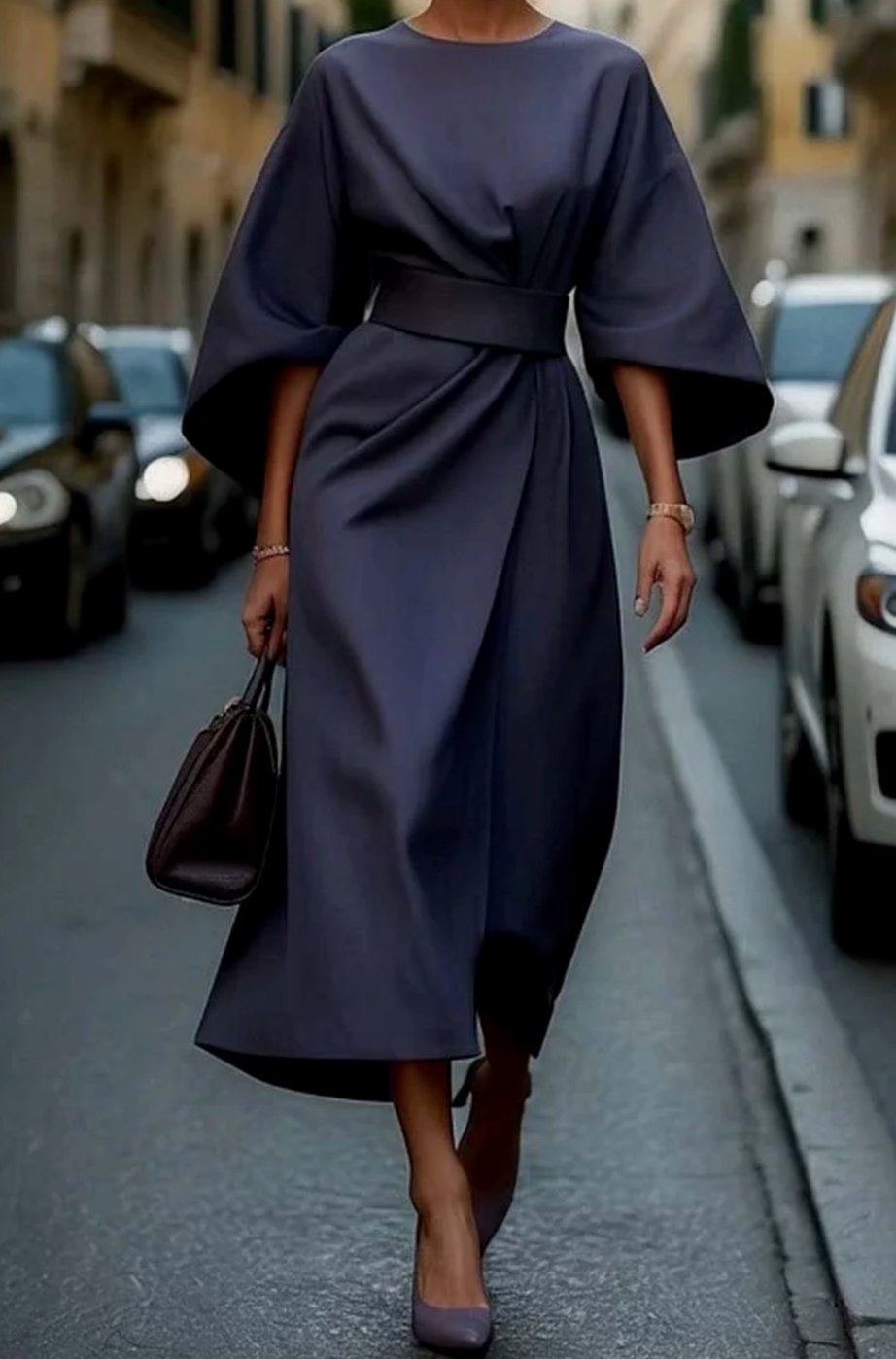 Damen Midikleid mit Taillengürtel Kimono-Ärmel Rundhals - Marineblau
