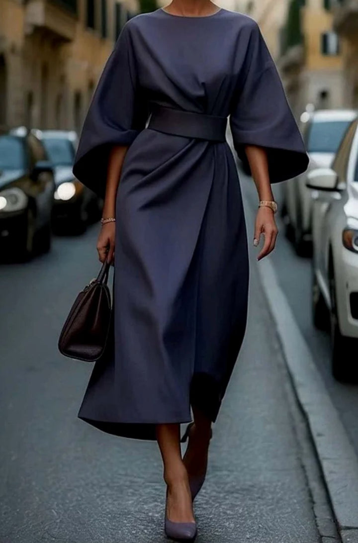 Damen Midikleid mit Taillengürtel Kimono-Ärmel Rundhals - Marineblau
