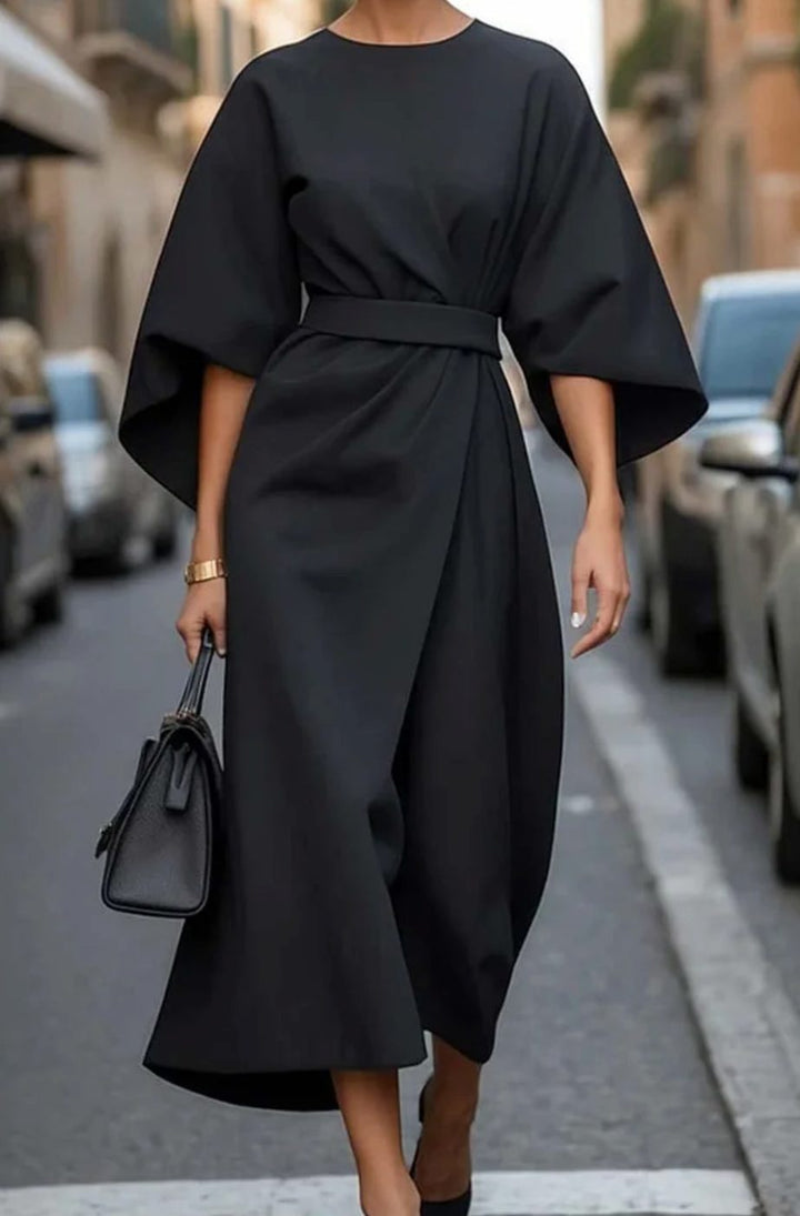 Damen Midikleid mit Taillengürtel Kimono-Ärmel Rundhals - Schwarz