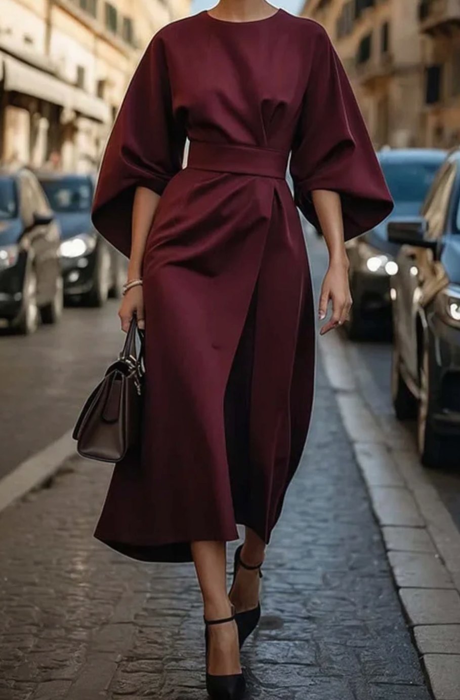Damen Midikleid mit Taillengürtel Kimono-Ärmel Rundhals - Bordeaux