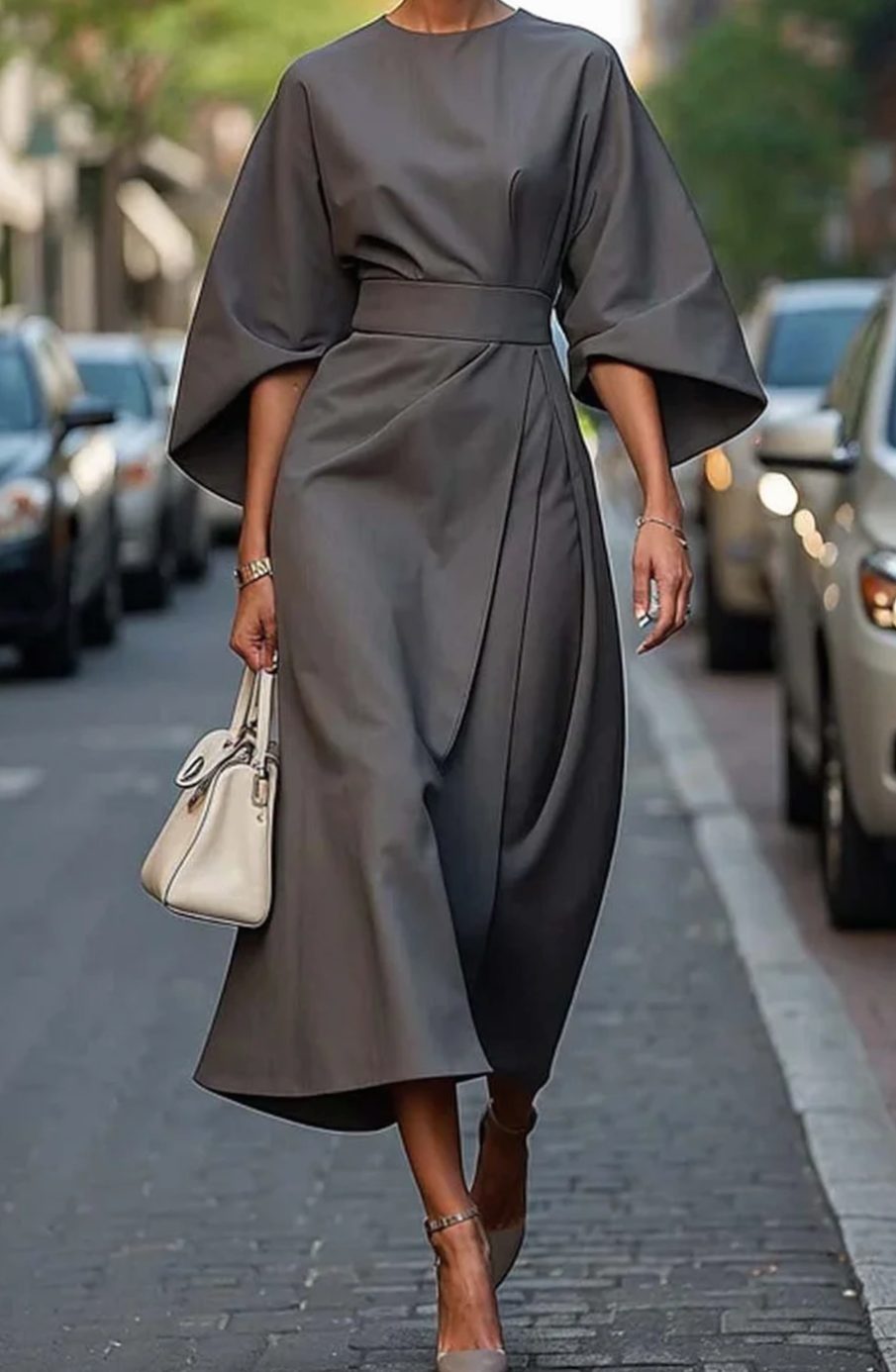 Damen Midikleid mit Taillengürtel Kimono-Ärmel Rundhals - Grau