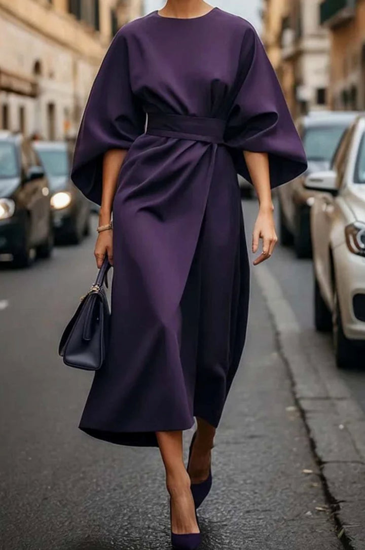 Damen Midikleid mit Taillengürtel Kimono-Ärmel Rundhals - Violett