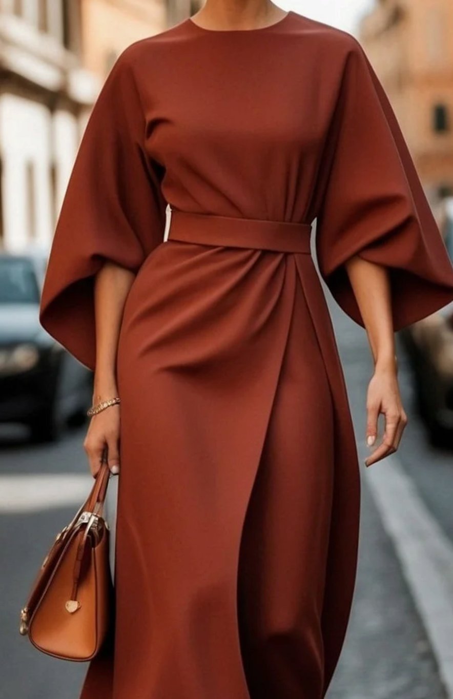 Damen Midikleid mit Taillengürtel Kimono-Ärmel Rundhals - Rostbraun