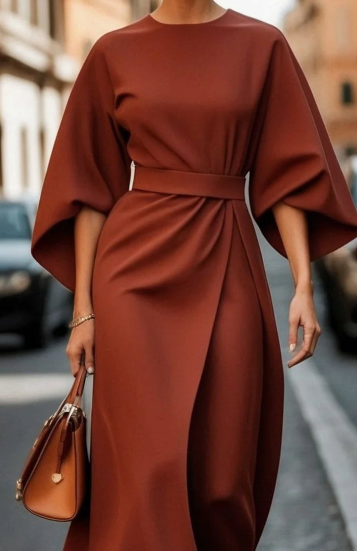 Damen Midikleid mit Taillengürtel Kimono-Ärmel Rundhals - Rostbraun