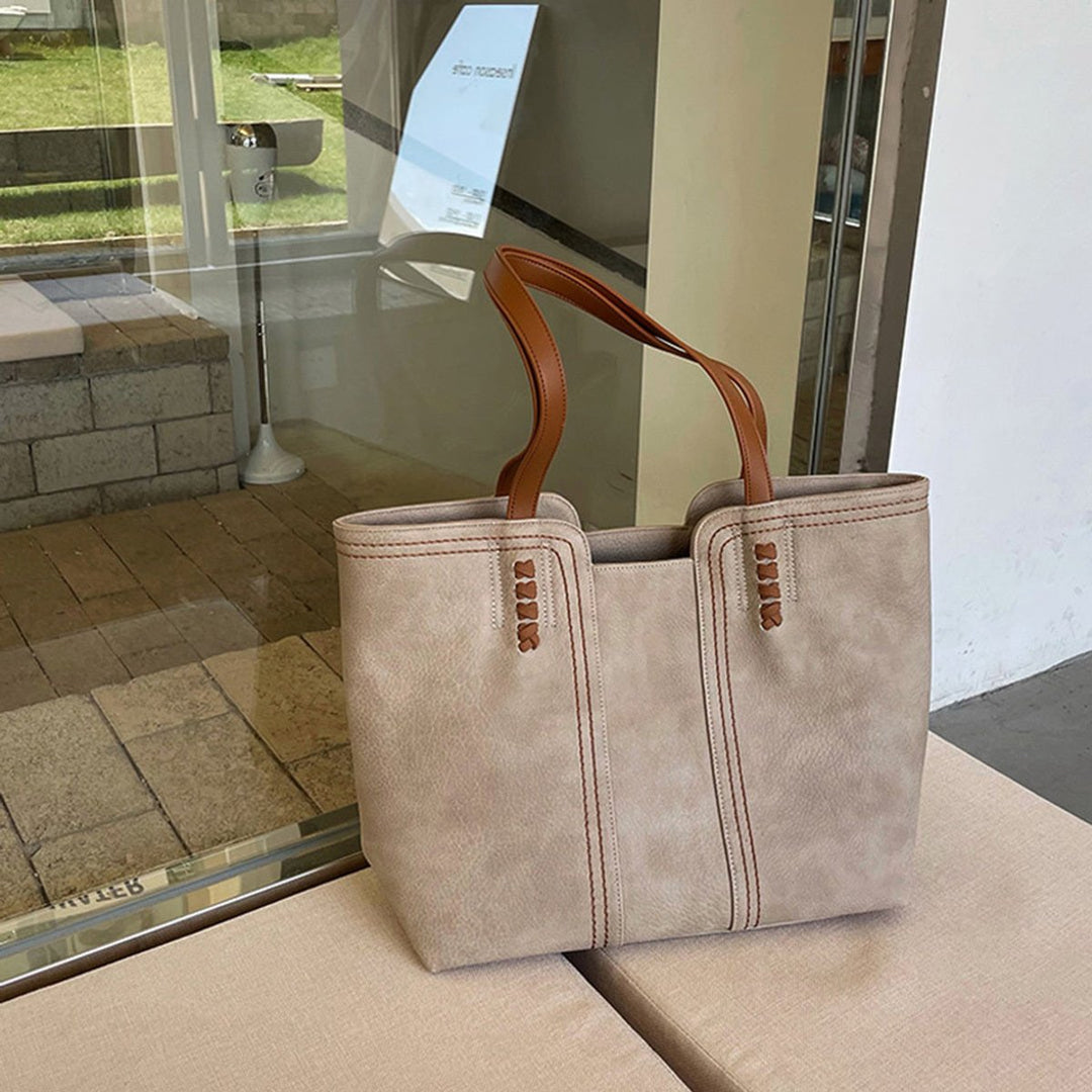 Damen Minimalistische Kunstleder Tote Bag Shopper Tragetasche - Khaki