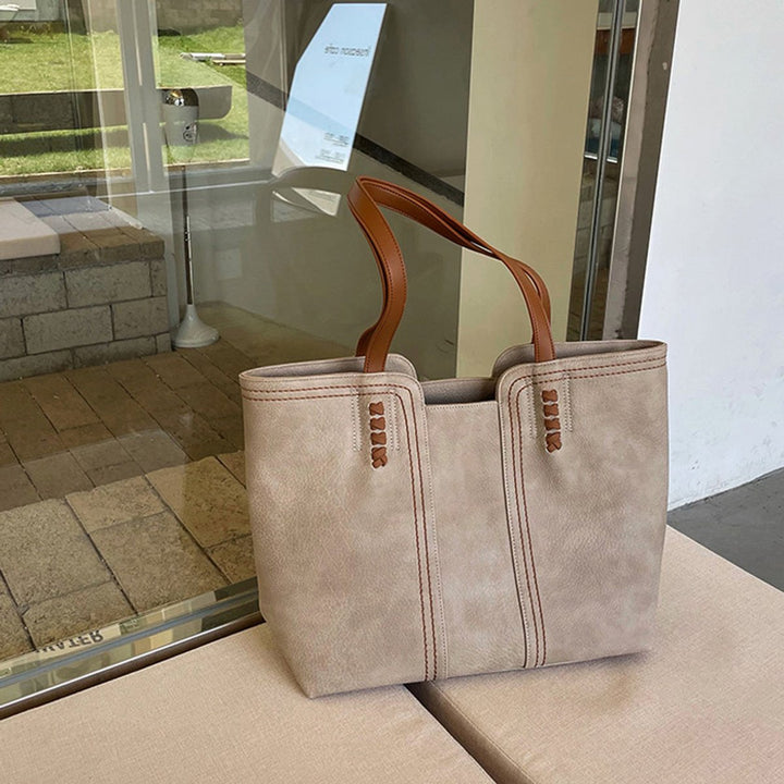 Damen Minimalistische Kunstleder Tote Bag Shopper Tragetasche - Khaki