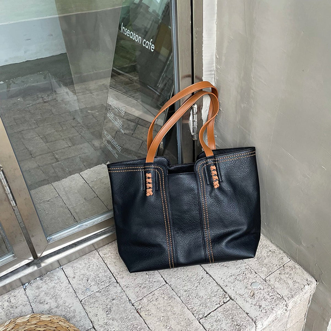 Damen Minimalistische Kunstleder Tote Bag Shopper Tragetasche - Schwarz