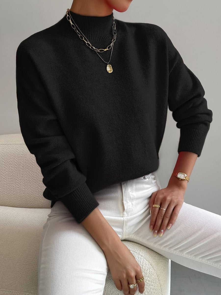 Damen Mock-Turtleneck Langarm Sweater Relaxed Fit - Schwarz