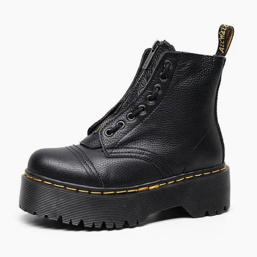 Damen Modische Stiefeletten mit dicker Sohle Frontzipp Leder-Optik - Schwarz