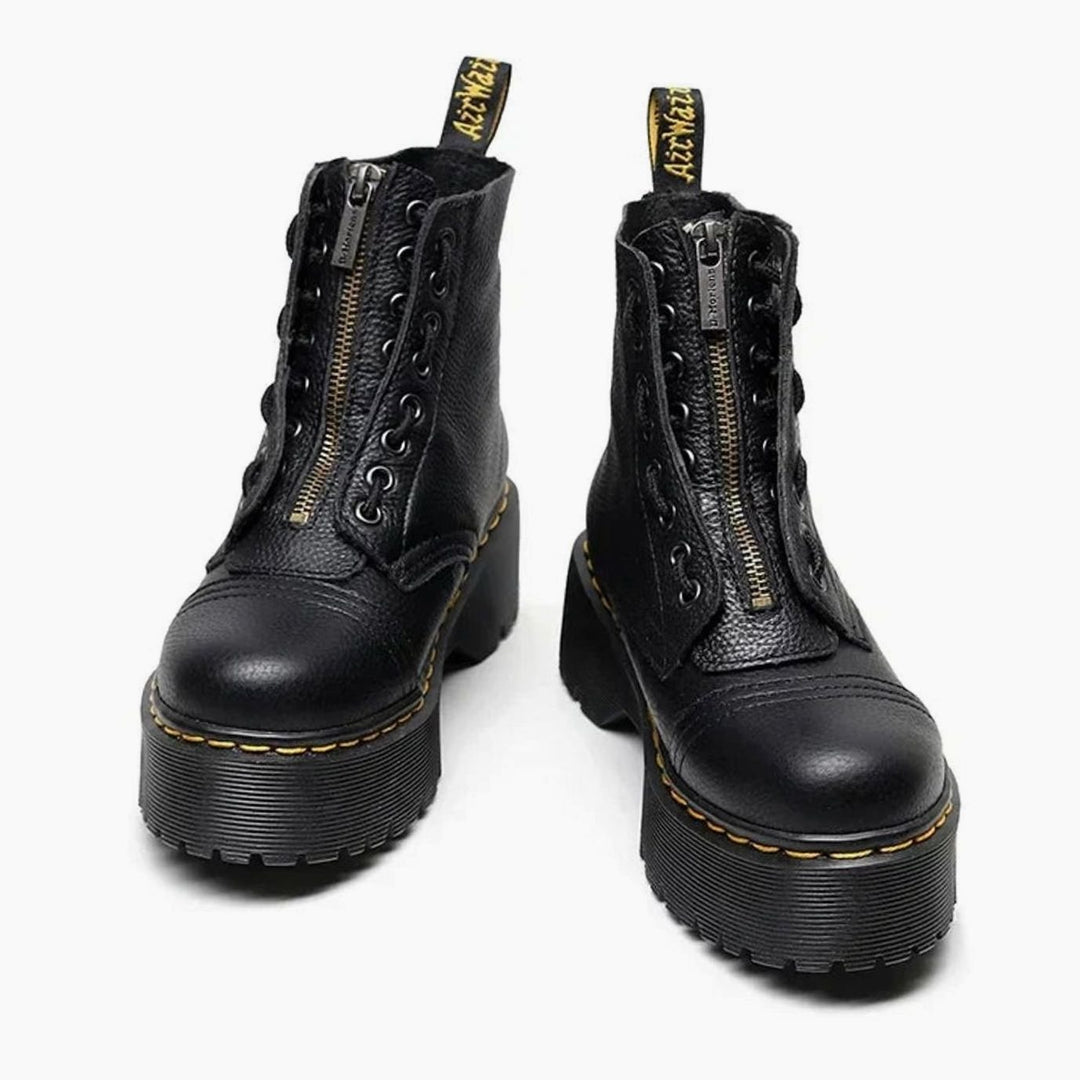 Damen Modische Stiefeletten mit dicker Sohle Frontzipp Leder-Optik