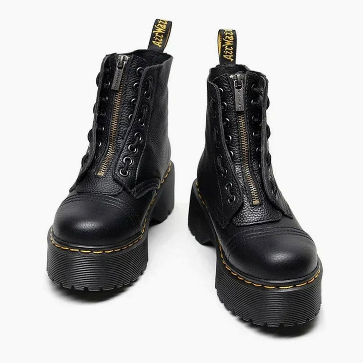 Damen Modische Stiefeletten mit dicker Sohle Frontzipp Leder-Optik