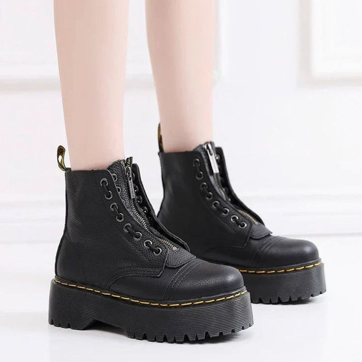 Damen Modische Stiefeletten mit dicker Sohle Frontzipp Leder-Optik
