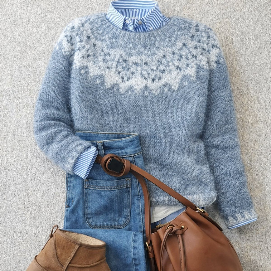 Damen Nordischer Strick Sweater mit Jacquard-Muster Relaxed Fit - Blau