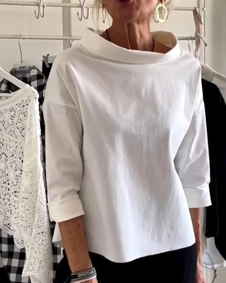 Damen Oberteil Wasserfallkragen 3/4 Ärmel Lässig - White
