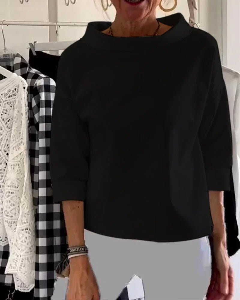 Damen Oberteil Wasserfallkragen 3/4 Ärmel Lässig - Black