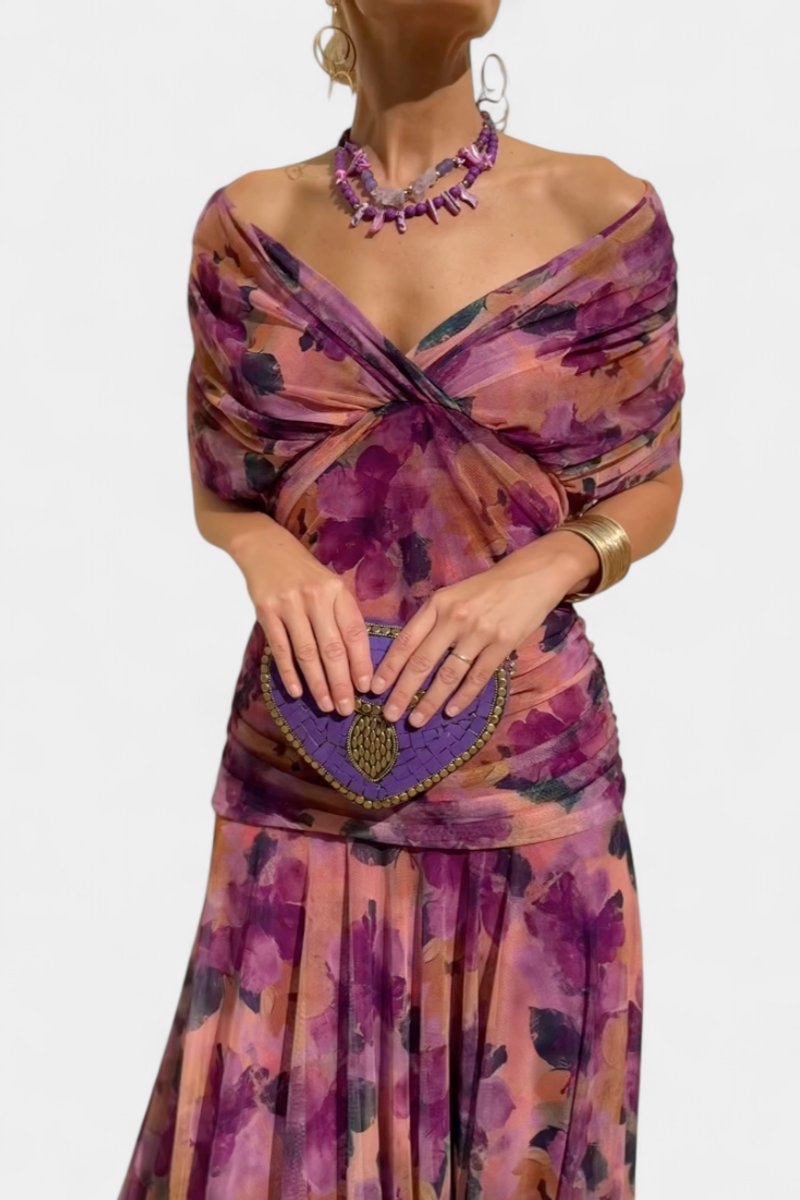 Damen Off-Shoulder Cocktailparty-Kleid figurbetontes Chiffon Maxikleid - Lila
