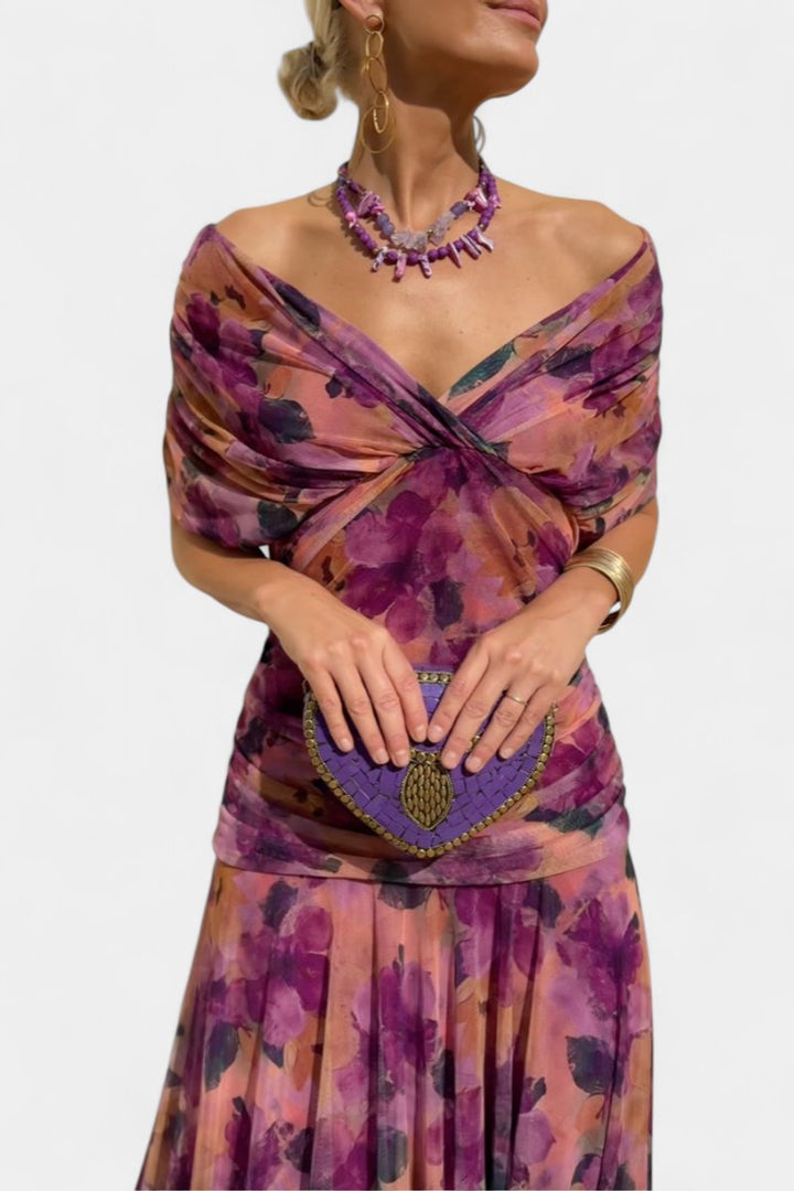 Damen Off-Shoulder Cocktailparty-Kleid figurbetontes Chiffon Maxikleid
