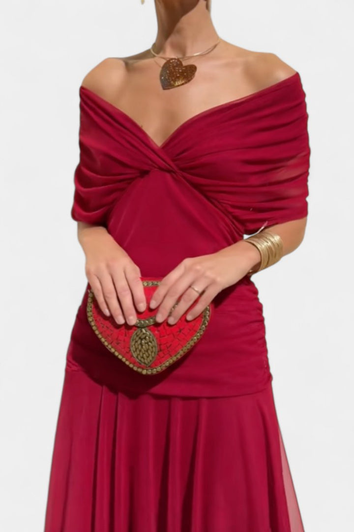 Damen Off-Shoulder Cocktailparty-Kleid figurbetontes Chiffon Maxikleid - Rot