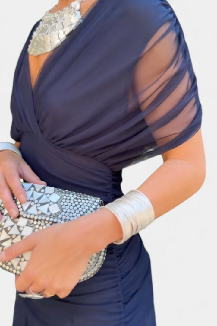 Damen Off-Shoulder Cocktailparty-Kleid figurbetontes Chiffon Maxikleid - Blau