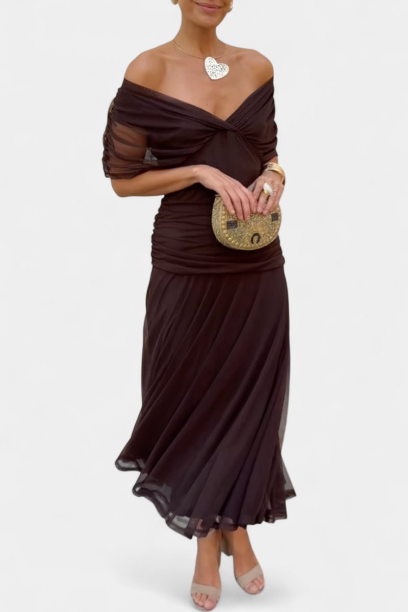 Damen Off-Shoulder Cocktailparty-Kleid figurbetontes Chiffon Maxikleid
