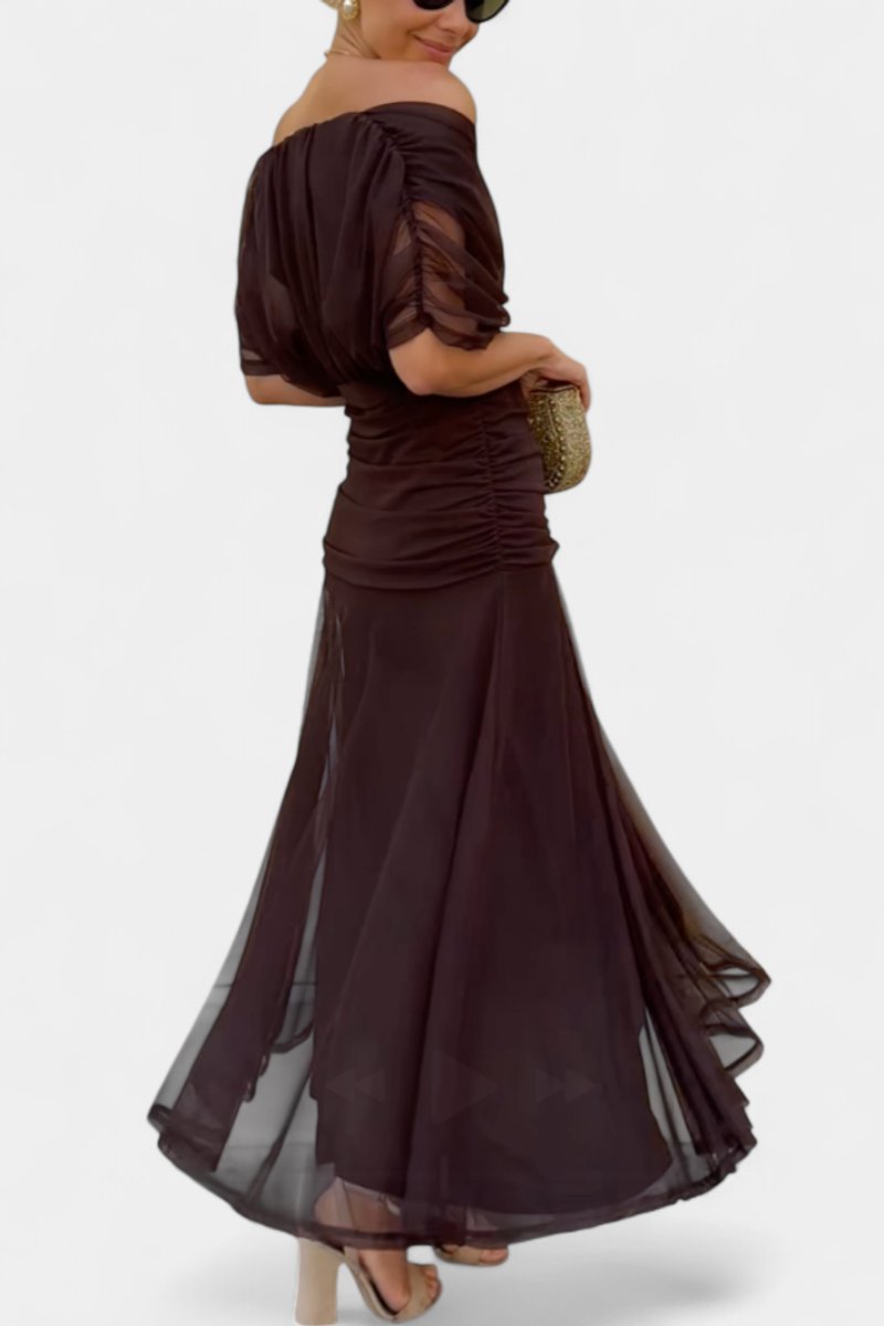 Damen Off-Shoulder Cocktailparty-Kleid figurbetontes Chiffon Maxikleid