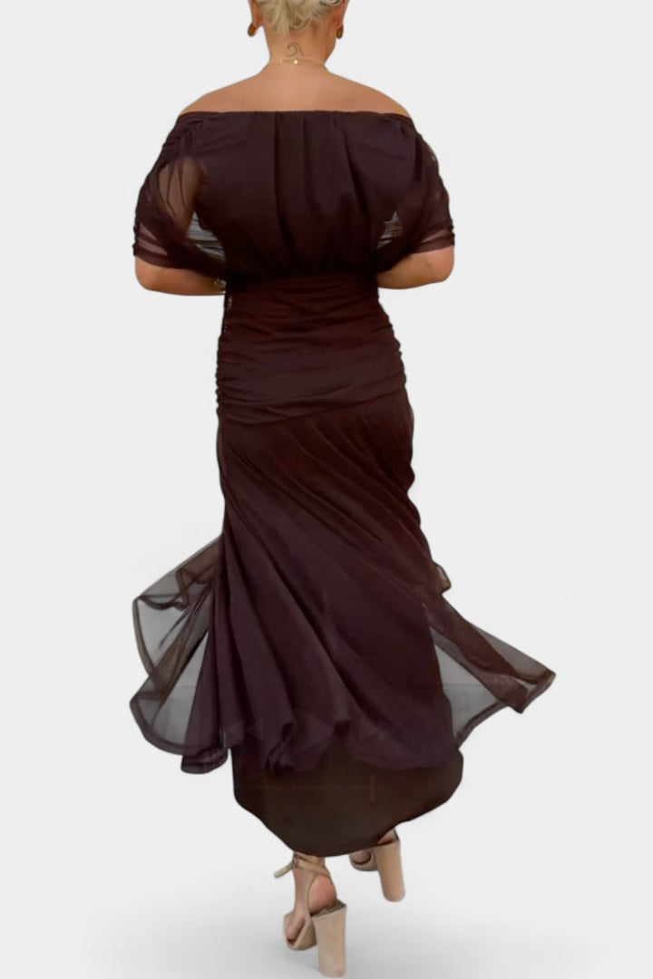 Damen Off-Shoulder Cocktailparty-Kleid figurbetontes Chiffon Maxikleid