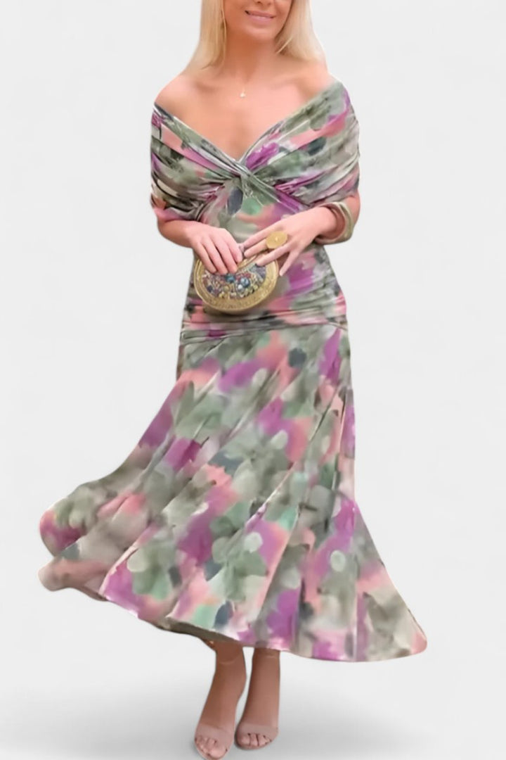 Damen Off-Shoulder Cocktailparty-Kleid figurbetontes Chiffon Maxikleid - Mehrfarbig