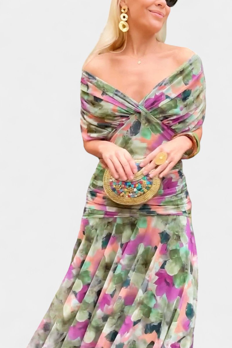 Damen Off-Shoulder Cocktailparty-Kleid figurbetontes Chiffon Maxikleid