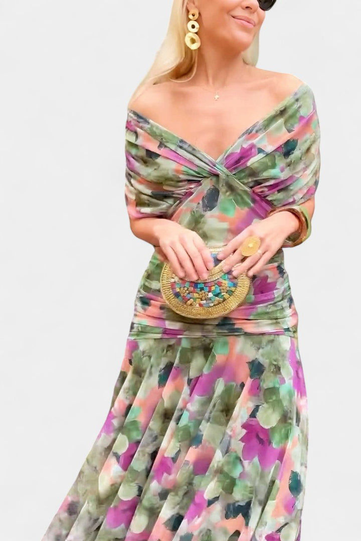 Damen Off-Shoulder Cocktailparty-Kleid figurbetontes Chiffon Maxikleid