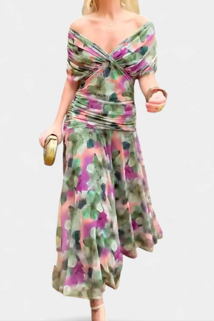 Damen Off-Shoulder Cocktailparty-Kleid figurbetontes Chiffon Maxikleid