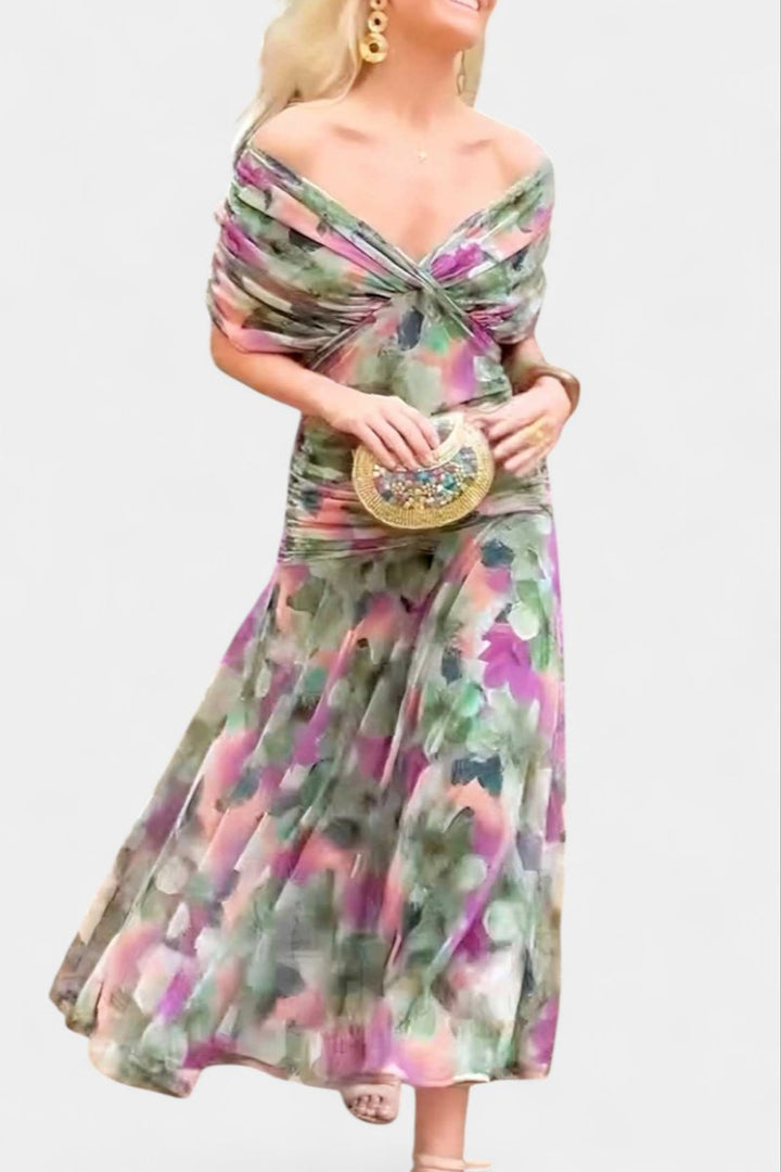 Damen Off-Shoulder Cocktailparty-Kleid figurbetontes Chiffon Maxikleid