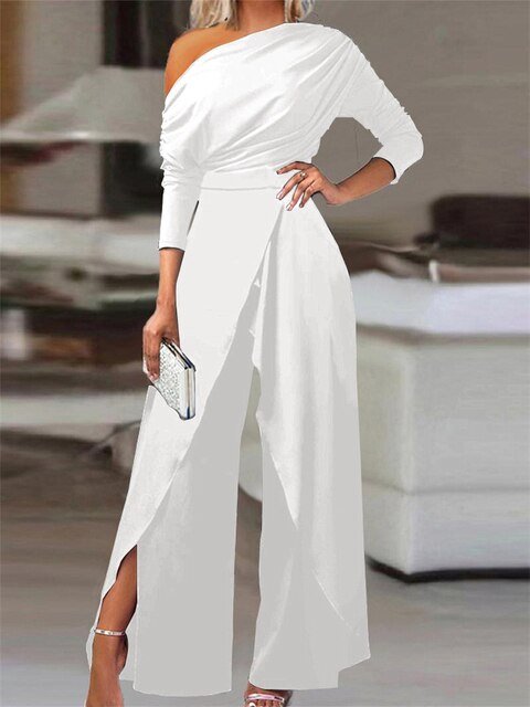 Damen Off-Shoulder Weitbein-Jumpsuit langarm eleganter Einteiler - White