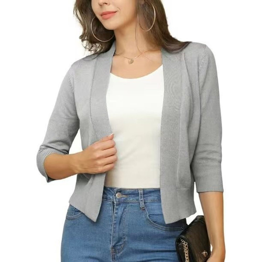 Damen Offener Kurzjacken-Cardigan mit Dreiviertelarm - Silbergrau